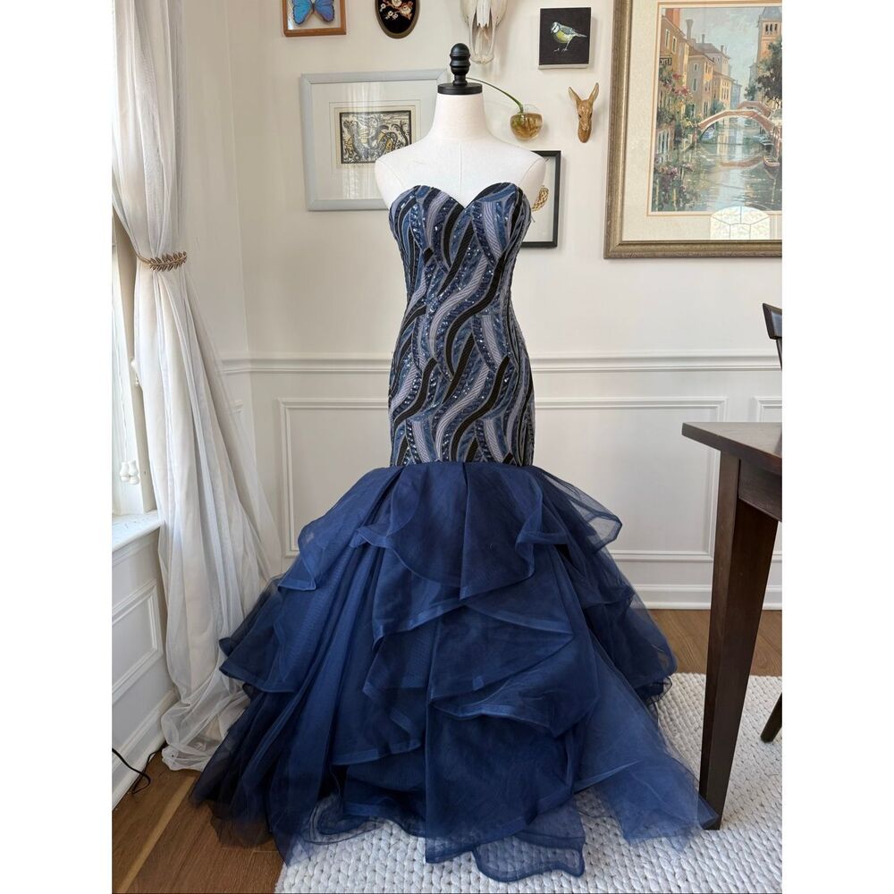 NWT Madison James Strapless Mermaid Navy Dark Blue Formal Gown $550 8